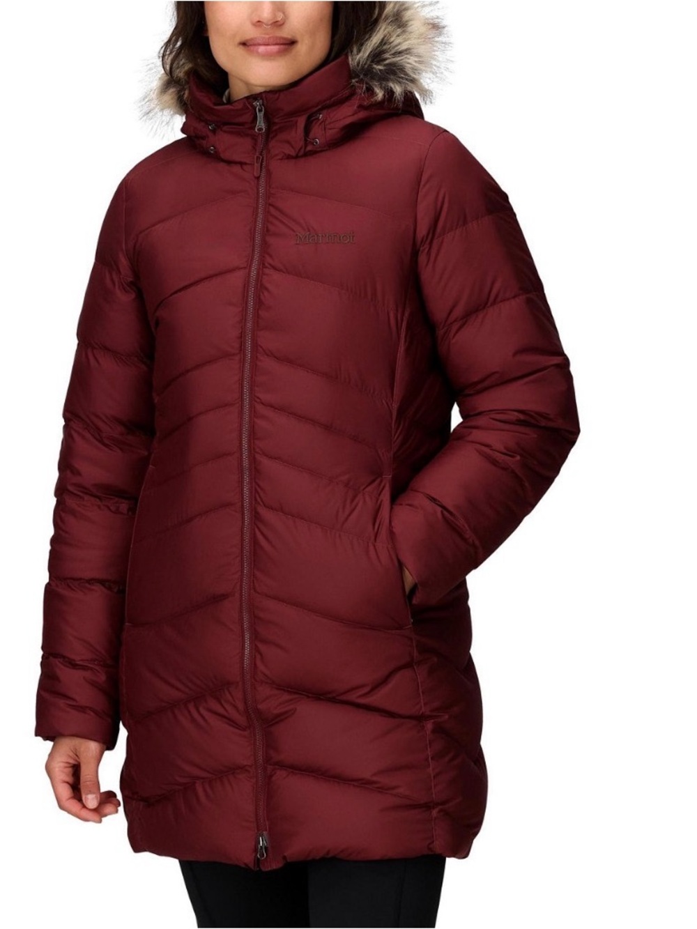 Marmot Montreal Women’s Puffer Coat in Burgundy with Faux Fur Trim